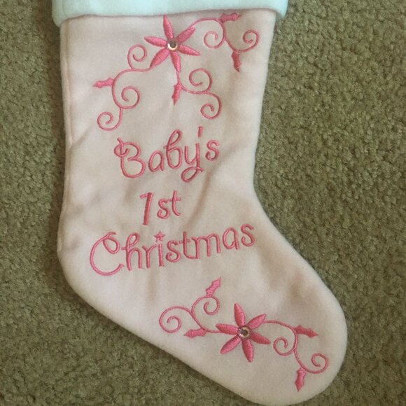 New Baby's First Christmas Pink Embroidered Stocking - Picture 2 of 3